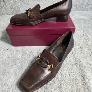 Amalfi Rangoni Women's Brown Italian Leather Square Toe Horsebit Loafers 10M NEW